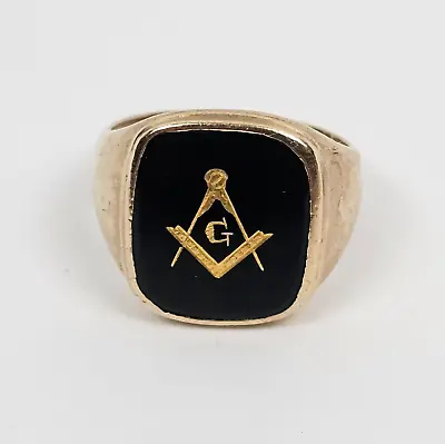 10K Yellow Gold B&F Baden & Foss Masonic Freemason Black Onyx Ring Men 9.75 Vtg • $348.95