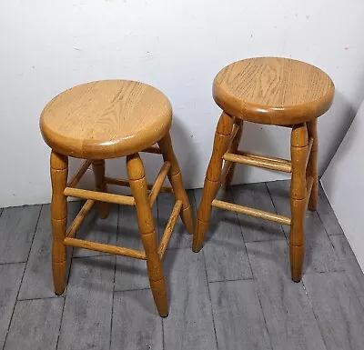 Vintage Pair Of Rustic Country Solid Oak Wood Bar Stools Traditional Colonial • $243