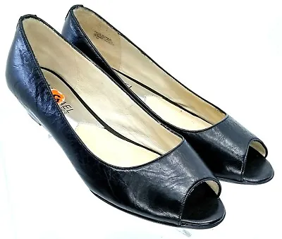 Michael Kors Pump Womens Sz 5.5 M Black Leather Peep Toe Slip On Wedge Heel Shoe • $33.98