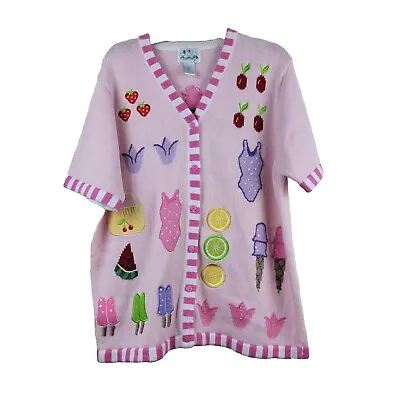 The Quacker Factory Womens Large Pink Embroidered Fruit And Flowers Vest • $20.21