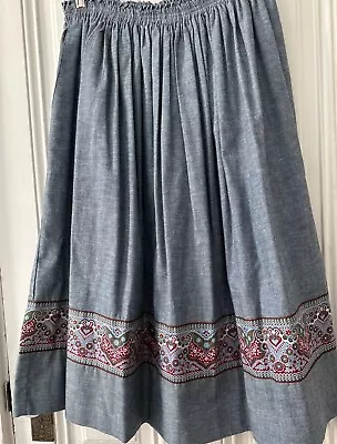 Vera Bradley Grey Denim 50s Style Gathered Midi Skirt W Ribbon Trim- Sz M • $19.95