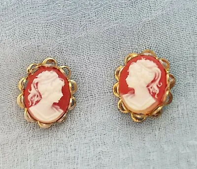 Victorian Style Carnelian Color CAMEO EARRINGS Made W/ VINTAGE MATERIALS • $15