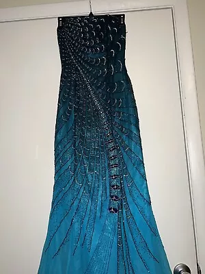 Vintage Alyce Designs Blue Ombré Silk Beaded Open Neckline Evening Dress Sz 4 • $189