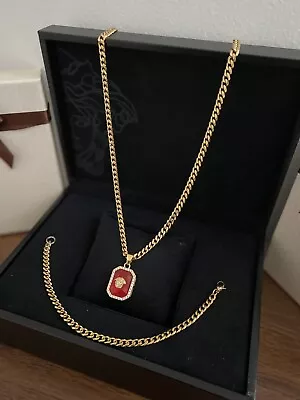 26” Cuban Links Chain & 8.5” Bracelet Set Medusa Ruby Pendant 18k Gold Filled • $80.21