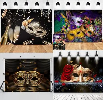 Masquerade Party Golden Mask Backdrop Birthday Background Photo Banner Decor • $13.79