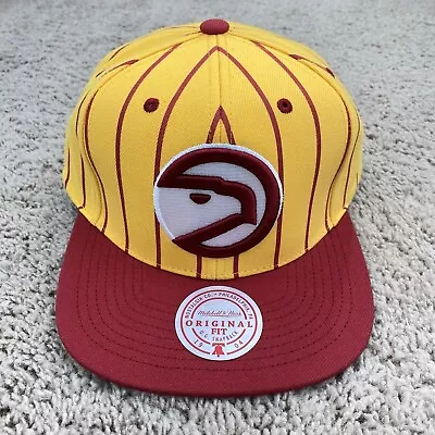Atlanta Hawks Mitchell & Ness NBA Snapback Hat 3D Logo Yellow Red Pinstripe Cap • $28.97