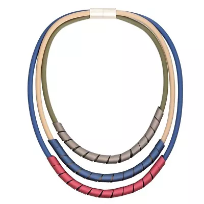 Multi Row Dark Blue Green Tan Rubber Cords Bound With Metal Lagenlook Necklace   • £8.99