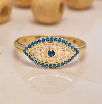 Real 14K Solid Gold Evil Eye Ring Handmade Evil Eye Ring Women's Ring • £47.98