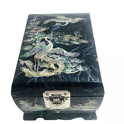 Vintage Jewelry Box Inlaid Shell Mother-of-Pearl Black Lacquer Cranes 4'' By 6  • $28