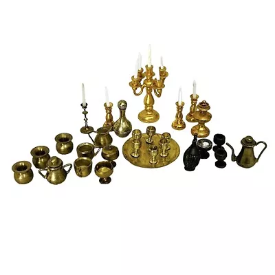 Vtg Dollhouse Miniature Brass Lot Candlesticks Goblets Candelabra Tray Spitton • $29.97