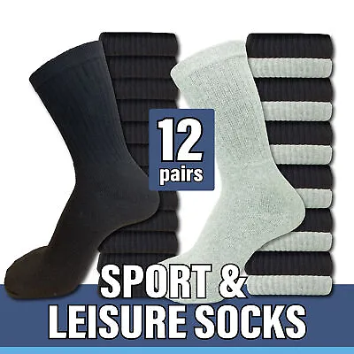 Mens Sport Socks 12 Pairs Black Cotton Rich Leisure Cushion Sole Sole Size 6-11 • £7.99