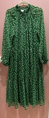 H&M Green Flowers Flowy Maxi Dress With Slip Size L Tie Neck! • £30