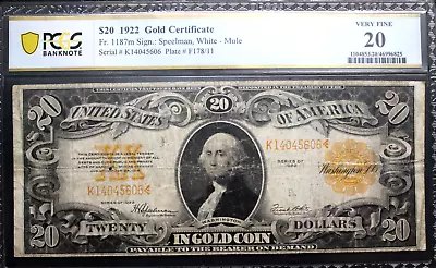 1922 Gold Certificate $20 Dollars Fr# 1187m PCGS VERY FINE  20 RARE (MULE) • $315