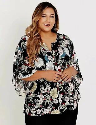 Beme Top Plus Size 26 Tunic Shirt NEW Elbow Kimono Sleeve Black Floral Viscose • $39.99