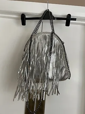 £5 • Buy Fringed Silver Metallic  Bag - Chain Handle And Shoulder Strap Faux Leather