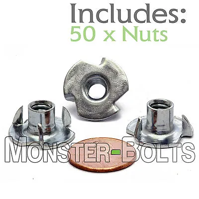 1/4-20 X 5/16  OAL - Qty 50 - 3 Prong Tee Nut Straight Barrel Zinc Plated T-Nut • $10.17