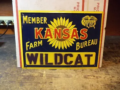  VINTAGE 1950's KANSAS FARM BUREAU MEMBER EMBOSSED SIGN KANSAS ST WILDCAT • $49.99