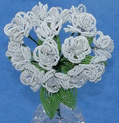 Vintage French Glass Beaded White Opaline Double Violet (15) Flower Bouquet • $31.99