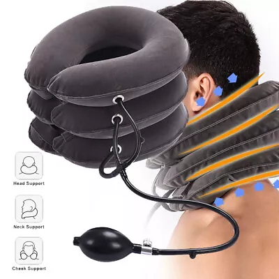 Cervical Neck Traction Collar Inflatable Spine Alignment Neck Massage Velvet PVC • £10.91