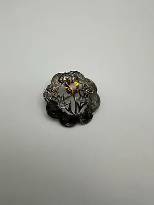 Antique MIZPAH Silverplate Flower Amber Rhinestone Brooch 1.25  • $16