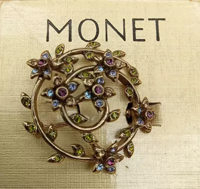 Monet Floral Spiral Vine Brooch Pin Multicolored Rhinestones Vintage New In Box • $22.99