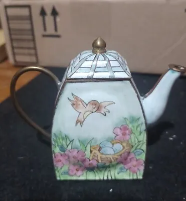 Miniature Enameled Teapot W/ Cat On 1 Side Bird W/ Nest & Eggs On Other Side • $12