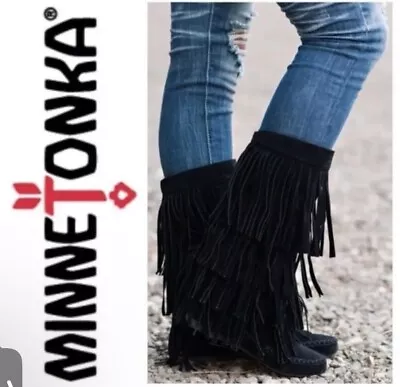 Minnetonka Black Suede 3 Layer Fringe Boots Suede Leather Moccasins Mid Calf 8 • $31.45