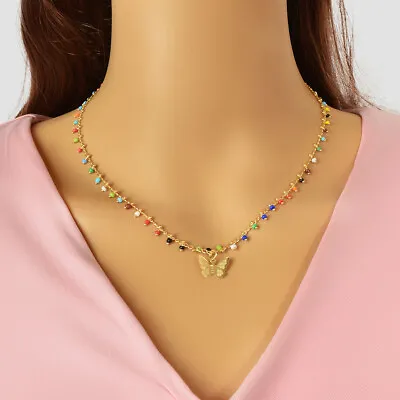 Boho Chic Colourful Seed Beaded Charm Gold Butterfly Pendant Necklace For Women • $1.97