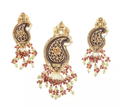 Indian 22k Gold Wood Peridot Tourmaline Bead Earrings Pendant Set • $990