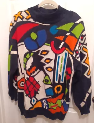 IB Diffusion Vtg Sweater 1X Retro Artsy Geometric Colorful & Black Funky Shapes • $42