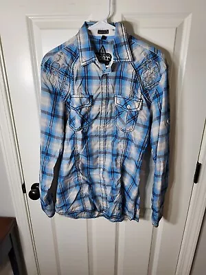RARE Roar Signature Western Embroidered Plaid Long Sleeve Button Up Shirt Mens M • $22