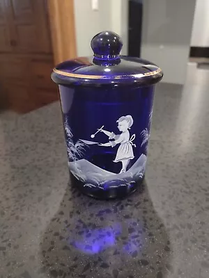 Vintage Cobalt Mary Gregory Covered Jar Enamel Girl Painting • $19.99