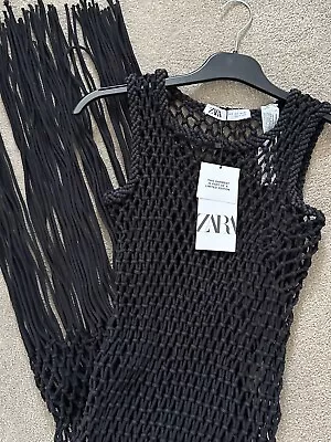 ZARA Black Limited Edition Macrame Open Knit Fringed Dress Size M Holiday • £59.99