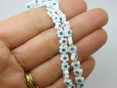 64 Millefiori Beads Flat Flowers White Blue 6mm Glass OB182 • £3.82