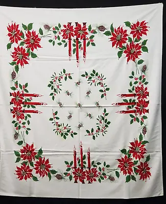 $8.99 • Buy Vintage Cotton Print Tablecloth 44x52  Christmas Pinecones Candles Farm Find 50s