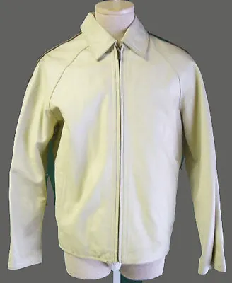 Leather Racing Stripe Jacket M White Brown Vintage Cafe Punk 1990s Hip Hop Elvis • $170