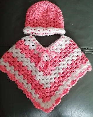New Handmade Crochet DK Baby Girl Poncho Pink & White Age 2To4 Mths+Beenie.L@@K! • £13.50