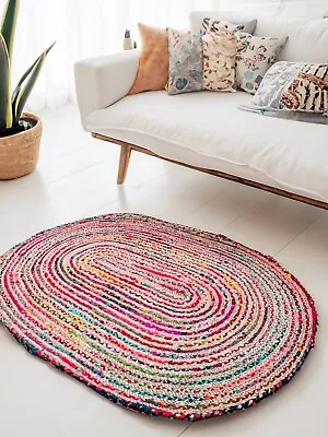 Oval Rug Hand Woven Braided Rugs Beige Multi Colour Stripe Mat Small Large Mats • £26