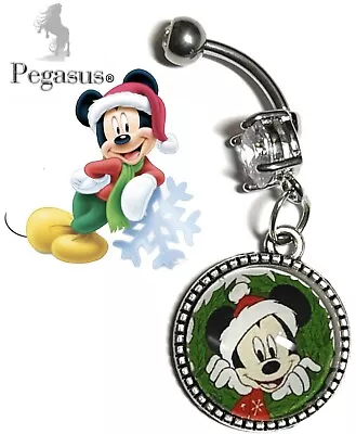 Green Christmas Mickey Mouse Cabochon Glass Dangle Belly Navel Bar • £7.99