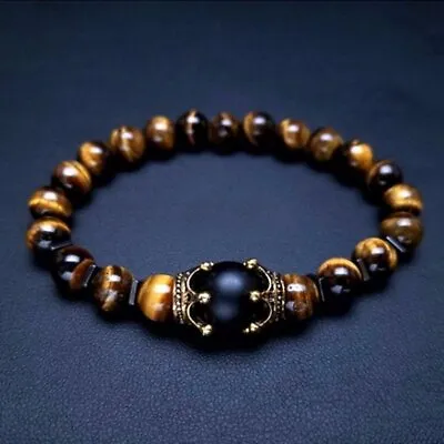 Men Charm Bracelet Fashion Crown Tiger Eye Natural Stone Beads Bracelets Jewelry • $2.55