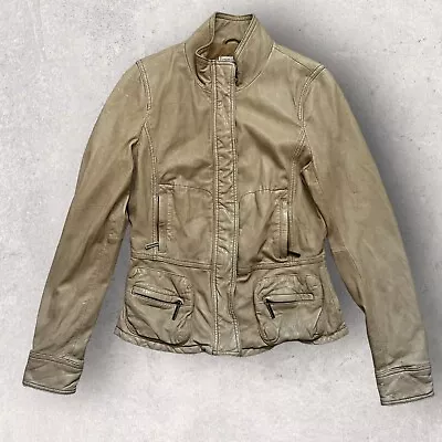 Vince Leather Biker Jacket Women Large Beige Pockets Stand Stand Collar • $60