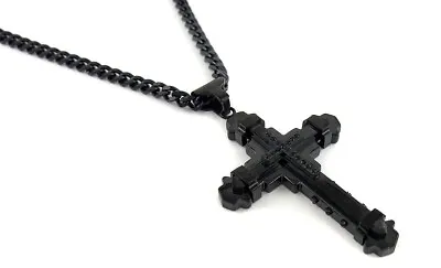 Stainless Steel Black Cz Cross Pendant With Chain Necklace 24  Black Curb Chain • $14.99