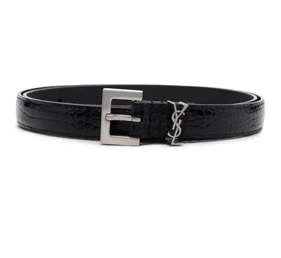 $450 • Buy Yves Saint Laurent Croc-embossed  Monogram Black Leather Belt / 90