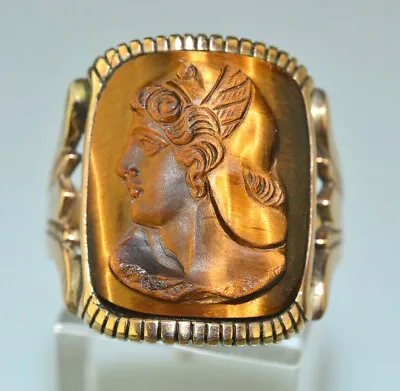 Mens Antique 10k Yellow Gold Tiger Eye Cameo Gladiator Ring Fancy Side Size 9.25 • $495