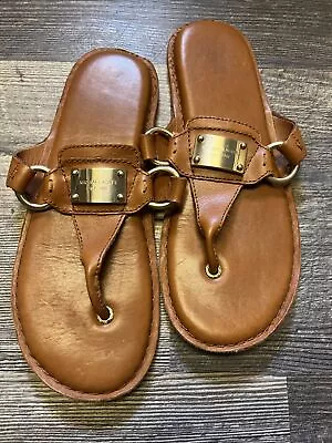 Michael Kors Leather T- Strap Flat Sandals Open Toe Brown /Gold Size 10 • $25