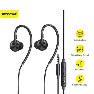 Awei Ear Hook Headphones Earphones With Mic Remote For Gym Jogging Sports MP3 • $12.62