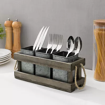 MyGift 3 Slot Dark Brown Wood And Silver Metal Dining Utensil Caddy With Handles • $32.99