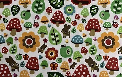 1 Metre X 125 Cm Toadstool Deer Trees Forest  Printed 100% Cotton Craft Fabric • £4.39