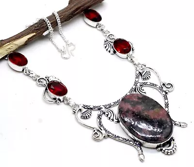 925 Sterling Silver Rhodonite & Garnet Gemstone Jewelry Necklace Size-17-18  • $19.99