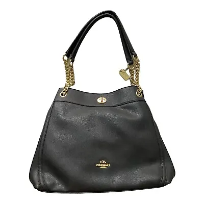 Coach Black Tote Eddie Turn Lock Shoulder Bag Handbag Chain Strap Gold Hardware • $179